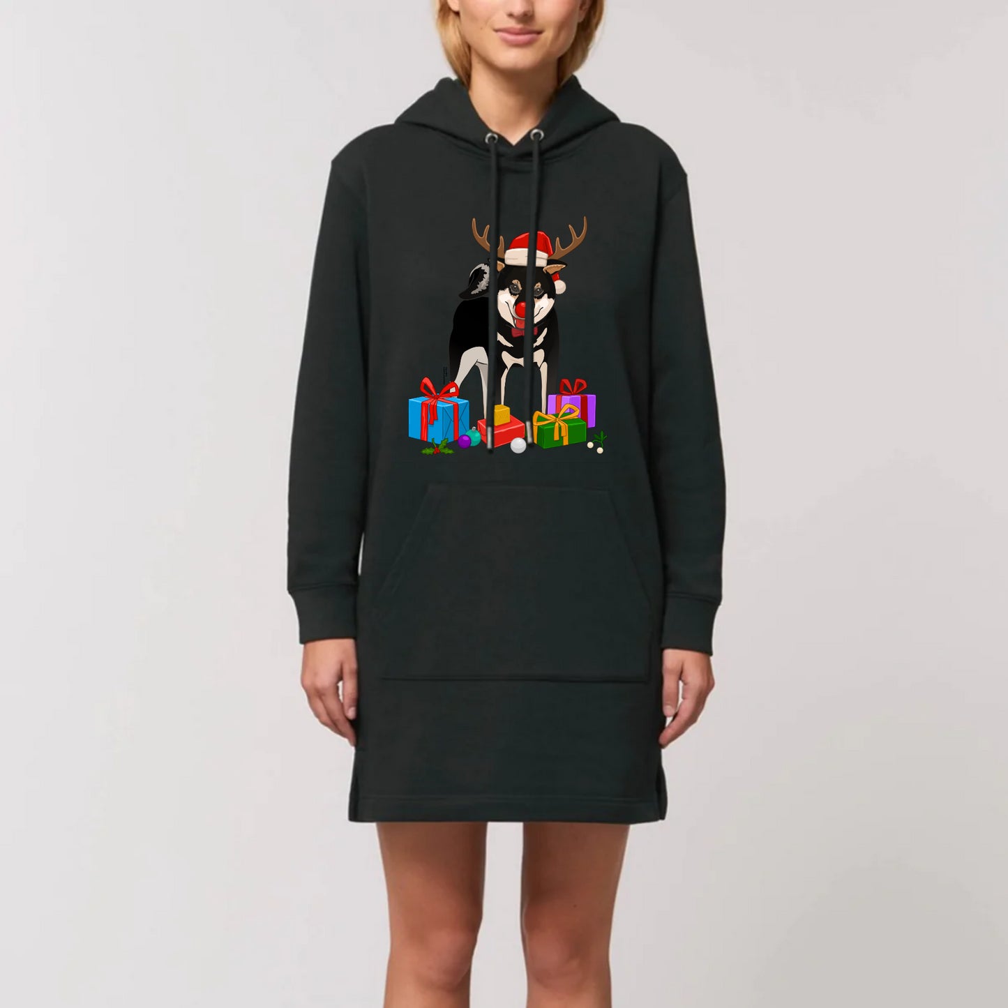 Black Breed Shiba `Xmas Gift Box` design Organic Hoodie Dress